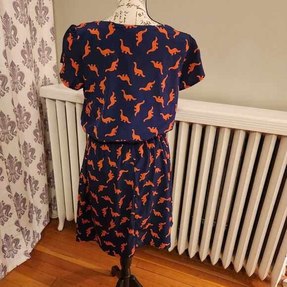 Peach Love x ModCloth Navy Orange Dinosaur Print Tulip Sleeve Dress, Sz M - Picture 4 of 9